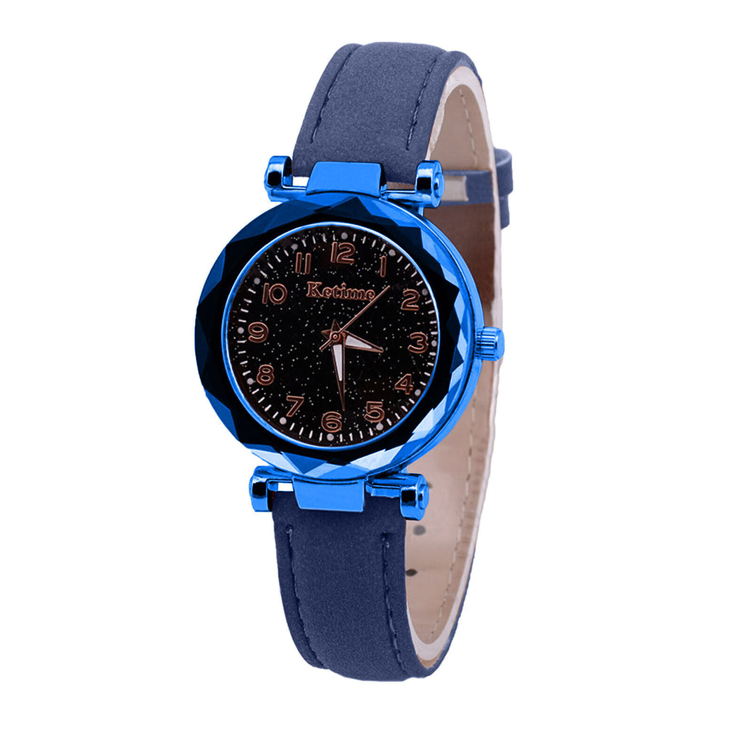 Ladies Blue Quartz Watch Sky Luminous Faux Leather Strap Womens Wrist Watches