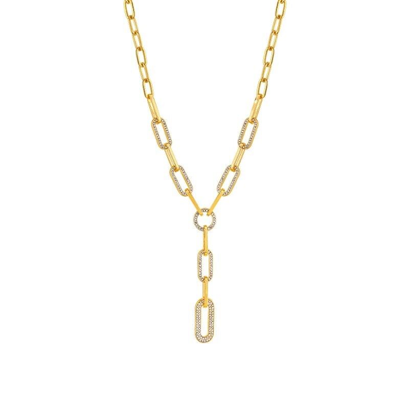 Ladies Gold Silver Long Link Chain Rectangular Crystal Drop Pendant Necklace