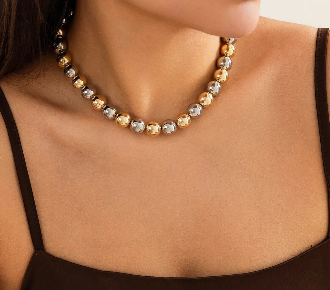 Ladies Elegant Gold Silver Two Tone Ball Bead Bracelet & Choker