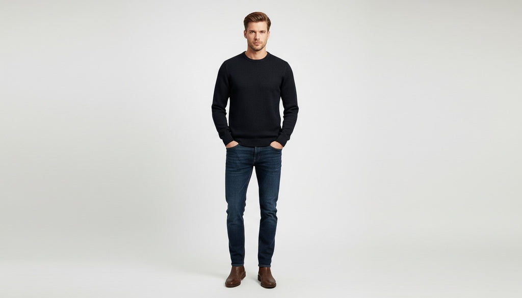 Men’s Black Crew Ribbed Neck Cotton Knit Rich Long sleeve Regular Fit Jumper