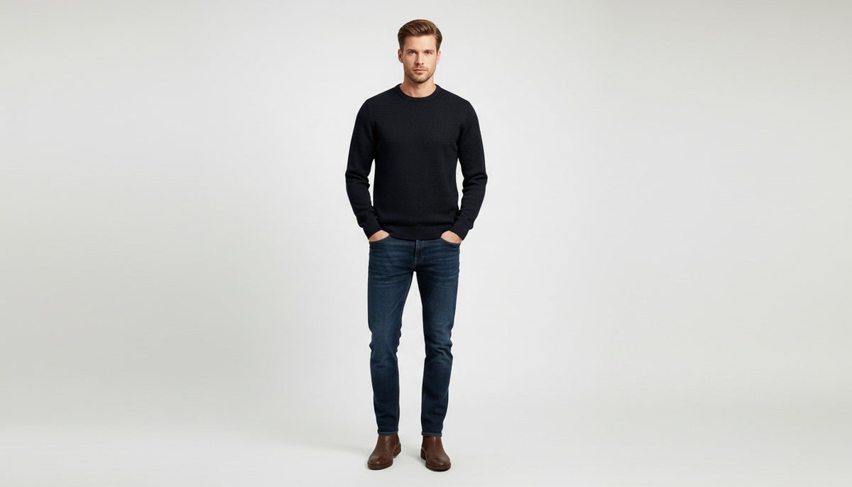 Men’s Black Crew Ribbed Neck Cotton Knit Rich Long sleeve Regular Fit Jumper
