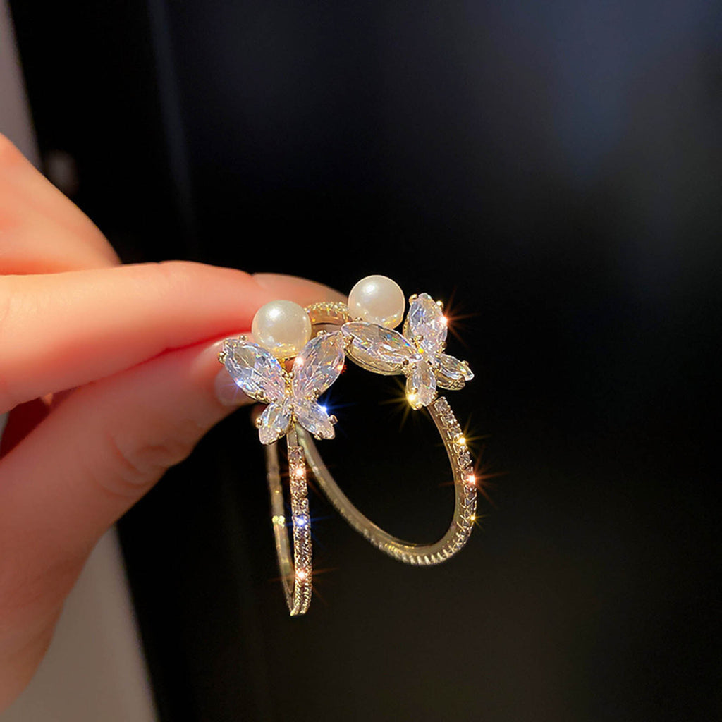 Ladies 18K Gold Plated C Shape Star Crystal Faux Pearl Hoop Stud Earring
