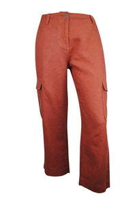 Ladies Terracotta Linen Cargo Carpri Crop Adjustable Waist Trousers