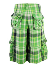Load image into Gallery viewer, Boys Green Checked Combat Cargo Button Pocket Cotton Shorts
