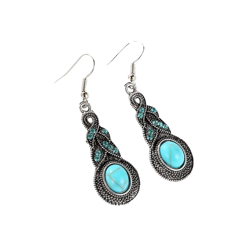 Ladies Ethnic Tibetan Silver Turquoise Crystal Dangling Earrings