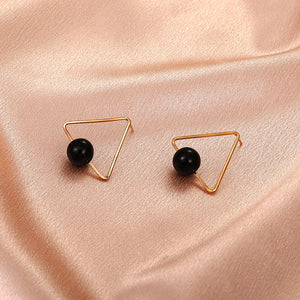 Ladies Gold Plated Mid Black Bead Ball Triangle Stud Earrings