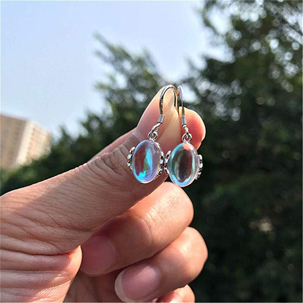 Ladies Silver Oval Moonstone Transparent Bead Silver Cutout Hook Earrings