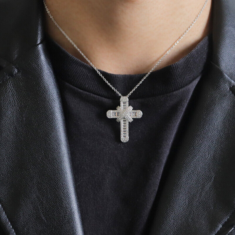 Unisex 925 Sterling Silver Cross Crystal Pendant & Chain