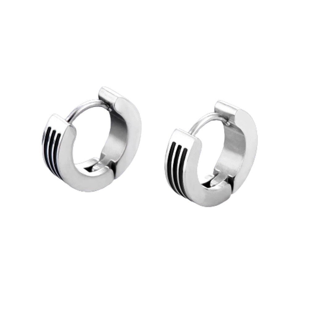 Unisex Silver Black 3 Rows Middle Trim Anti-Allergic Titanium Small Hoop Earrings