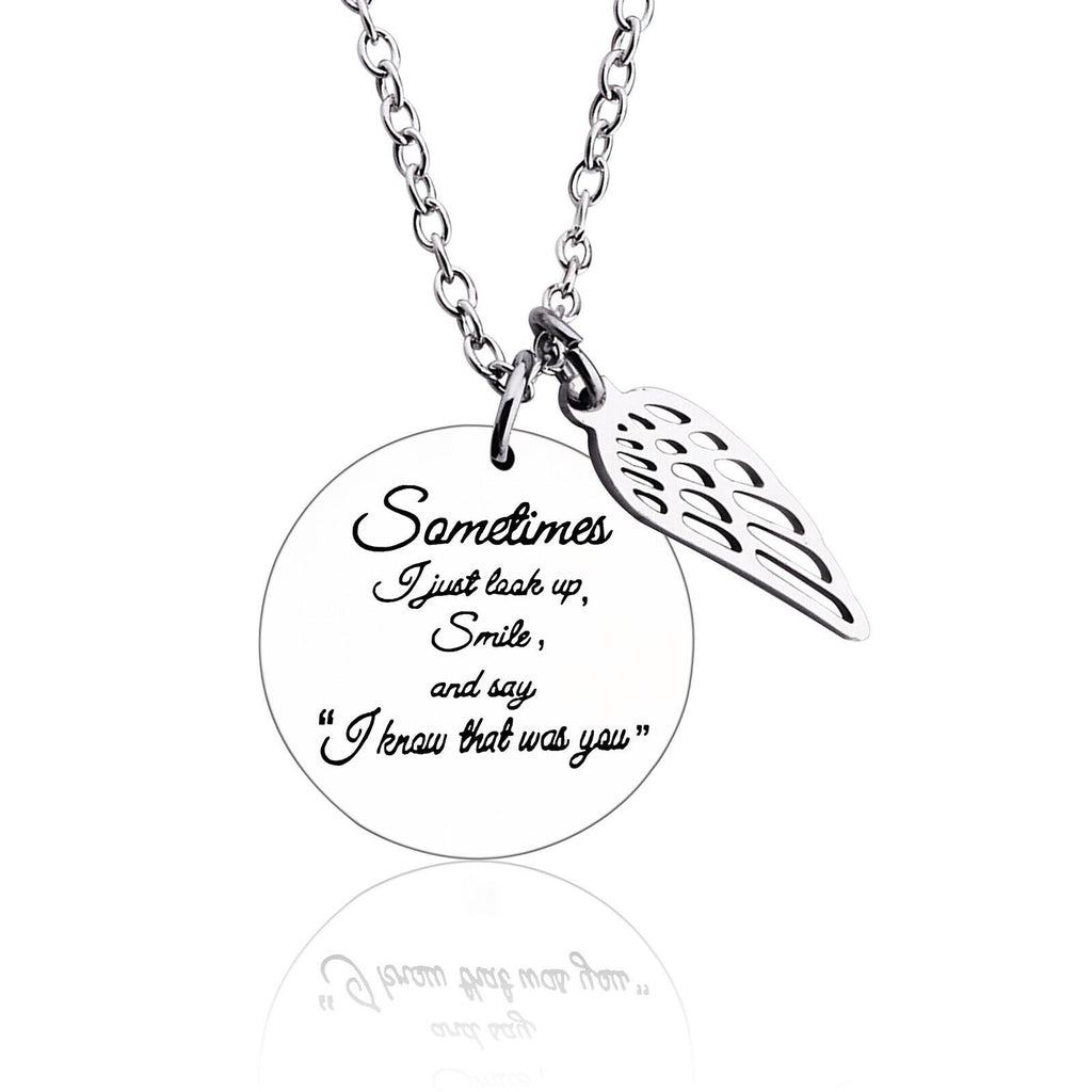 Unisex Silver "Sometimes I Just Look ..." Engraved Pendant Angel wings Necklace