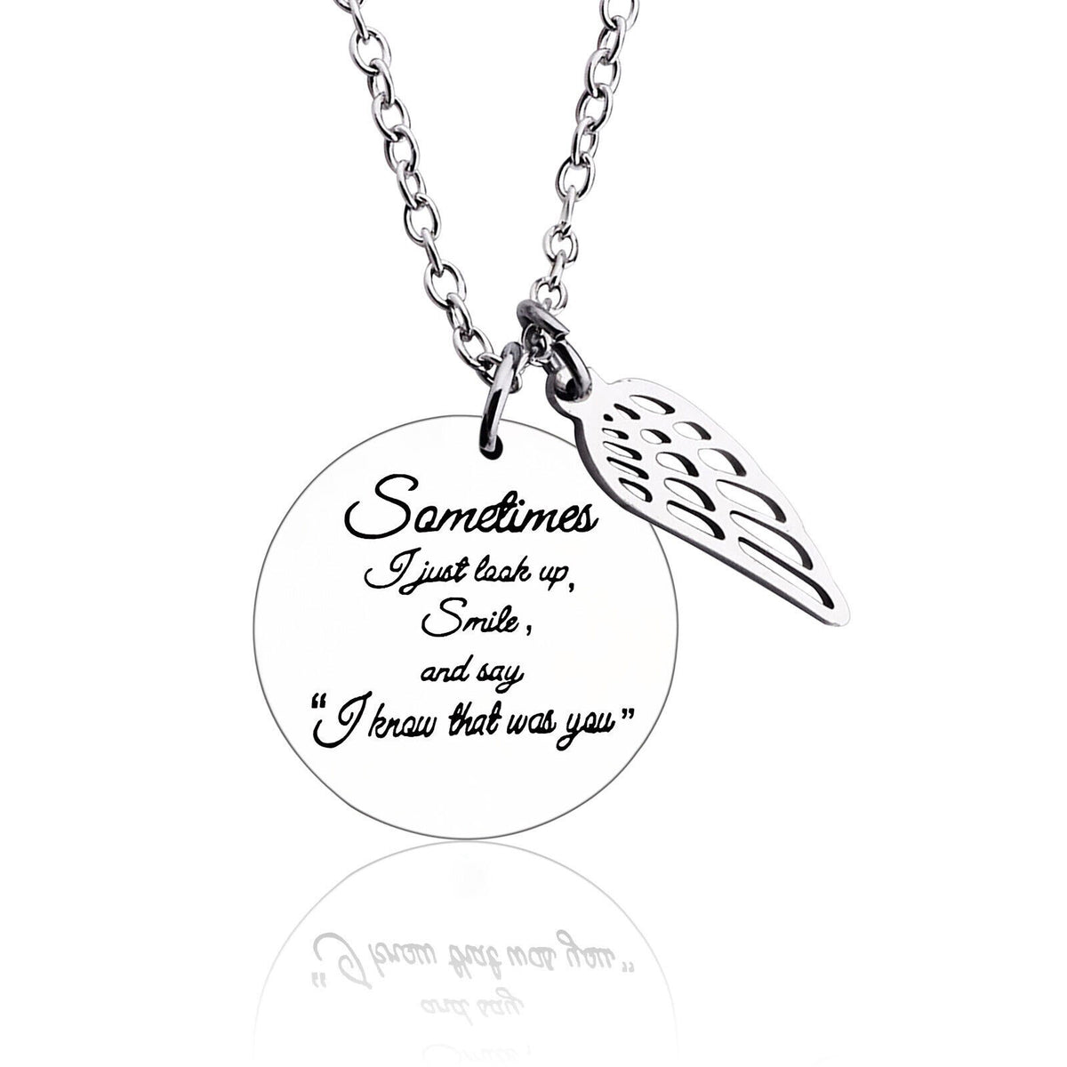 Unisex Silver "Sometimes I Just Look ..." Engraved Pendant Angel wings Necklace