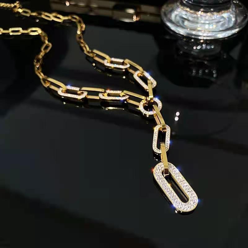 Ladies Gold Silver Long Link Chain Rectangular Crystal Drop Pendant Necklace