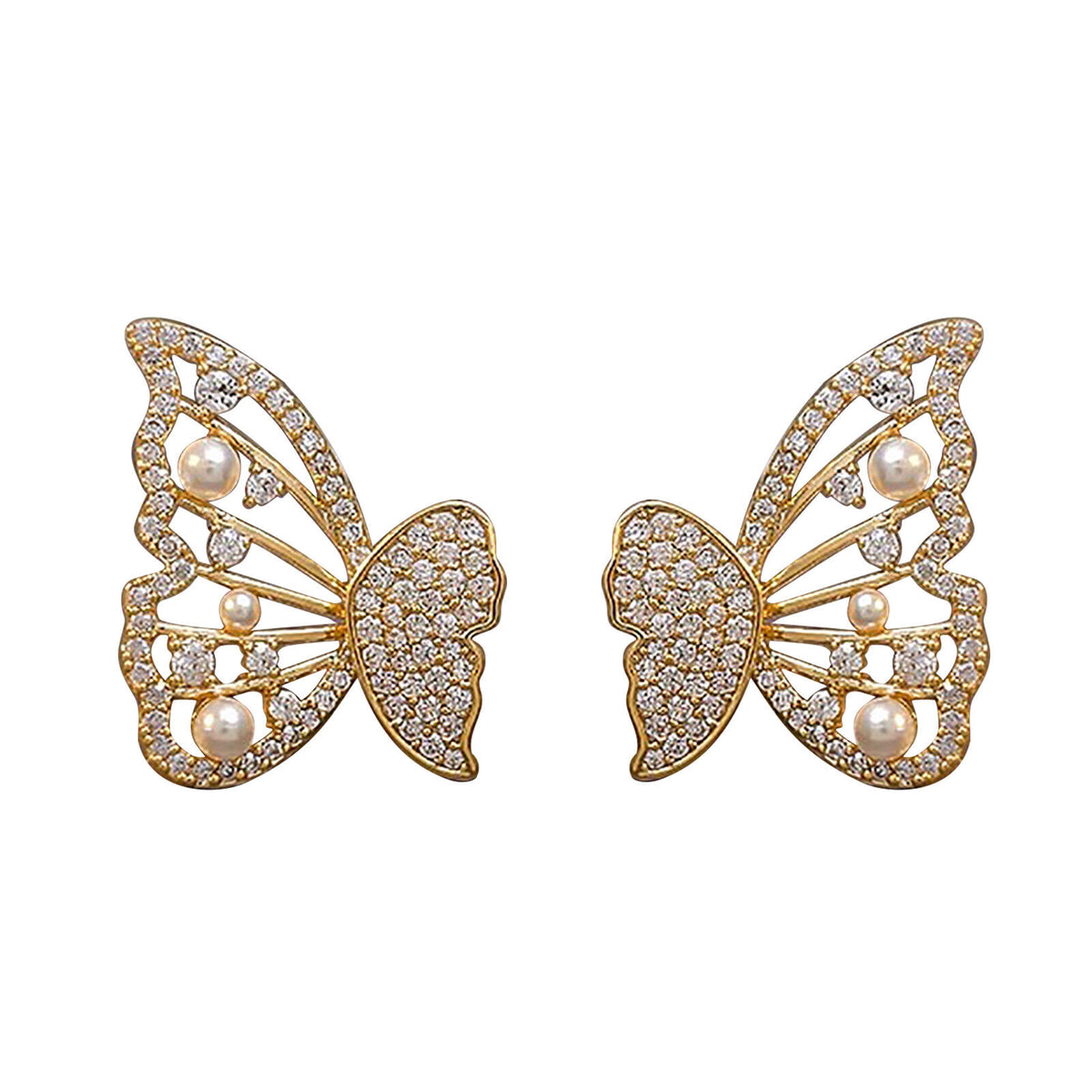 Ladies Gold Plated Butterfly Crystals Beads Inlaid Stud Earrings