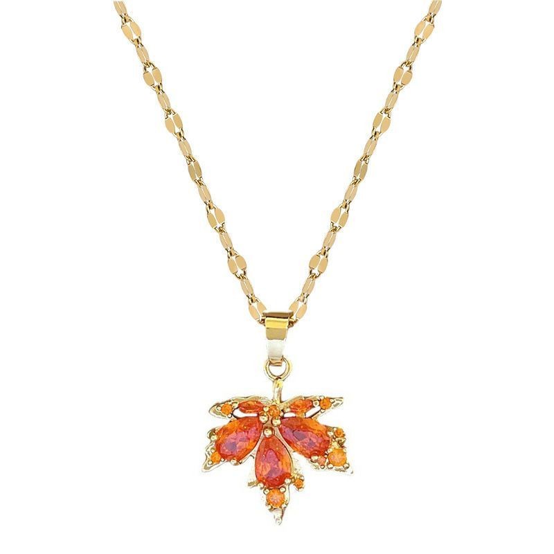 Ladies Gold Plated Orange Crystal Leaf Pendant Collarbone Link Chain Necklace