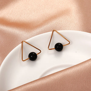 Ladies Gold Plated Mid Black Bead Ball Triangle Stud Earrings