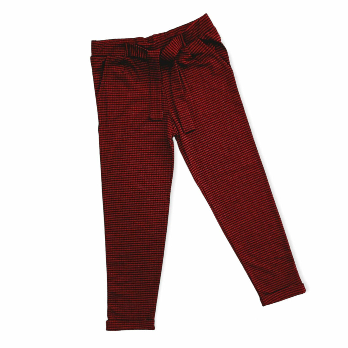 Girls Grey Red & Black Thin Check Print Belted Elasticated Waist Trousers