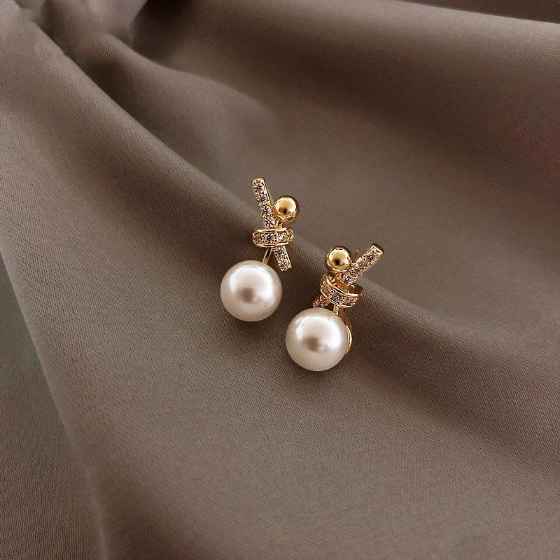 Ladies Gold Plated Sparkling Rhinestones Bowknot Simulated Pearl Stud Earrings