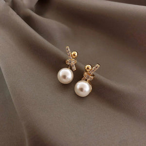 Ladies Gold Plated Sparkling Rhinestones Bowknot Simulated Pearl Stud Earrings
