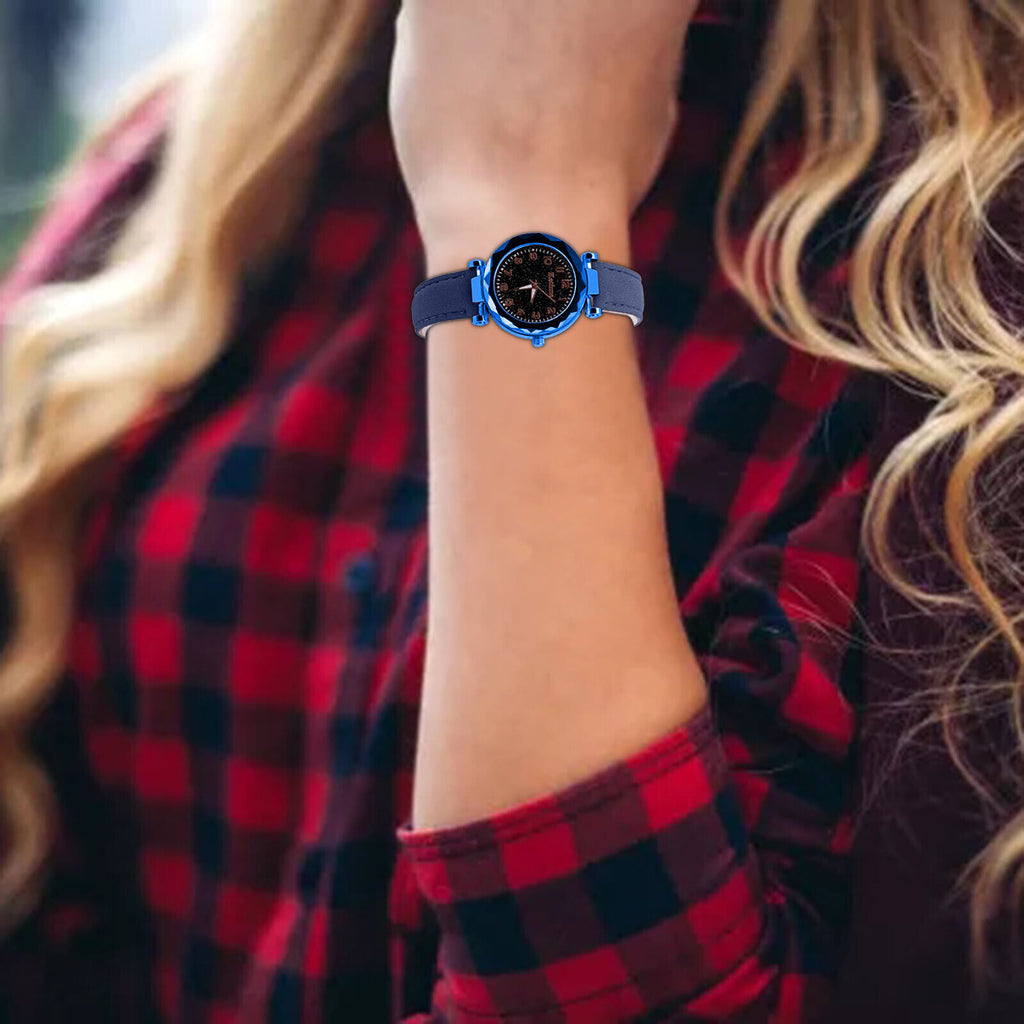 Ladies Blue Quartz Watch Sky Luminous Faux Leather Strap Womens Wrist Watches