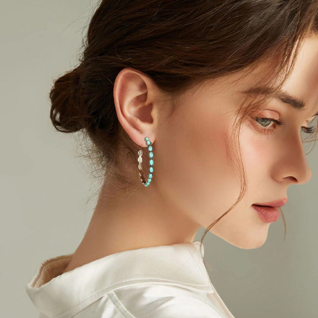 Ladies Large Big Sterling Silver Turquoise Beads Circle Hoop Stud Earring