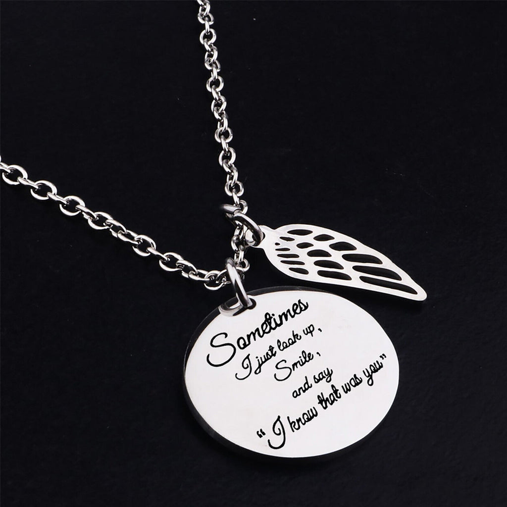 Unisex Silver "Sometimes I Just Look ..." Engraved Pendant Angel wings Necklace