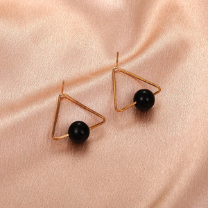 Ladies Gold Plated Mid Black Bead Ball Triangle Stud Earrings