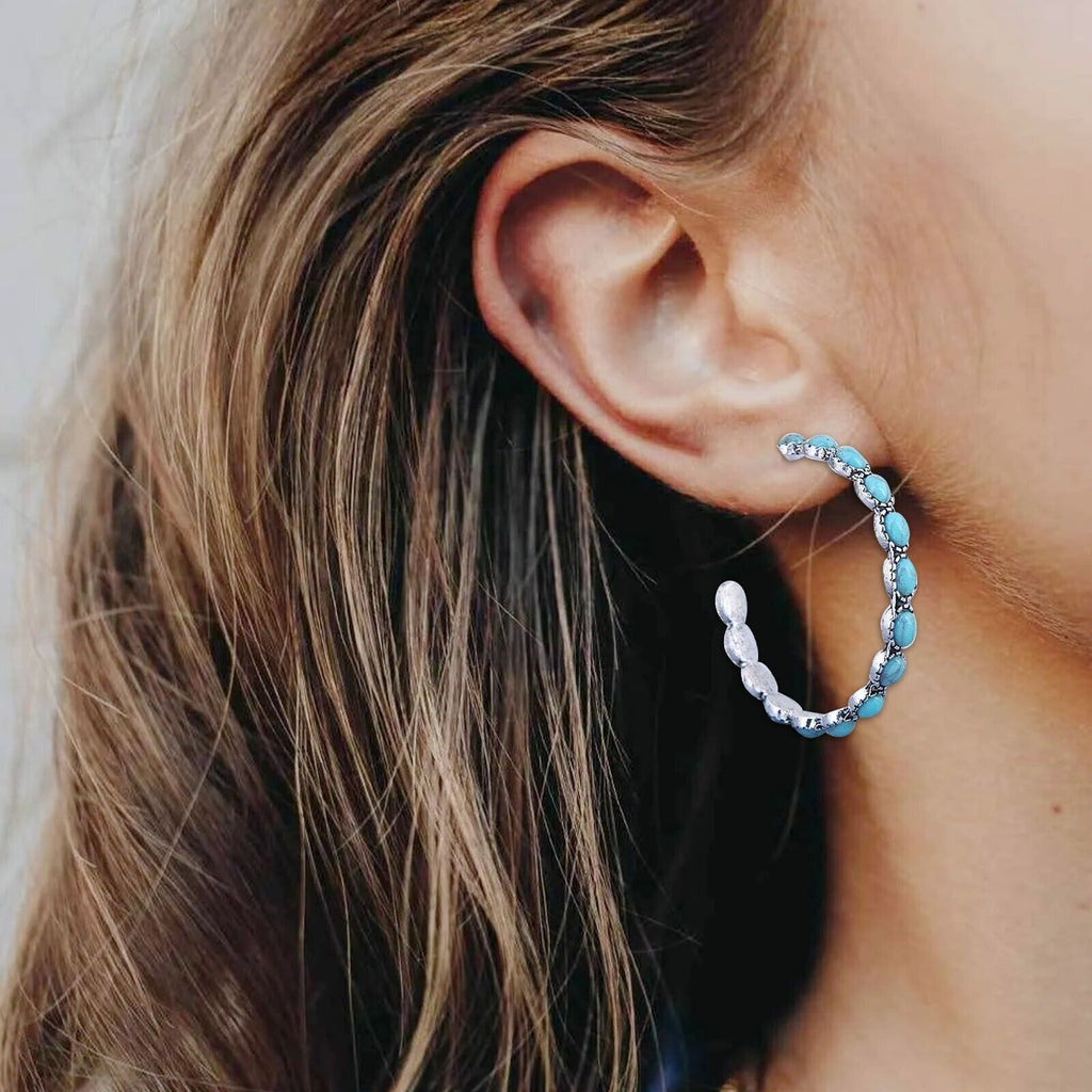Ladies Large Big Sterling Silver Turquoise Beads Circle Hoop Stud Earring
