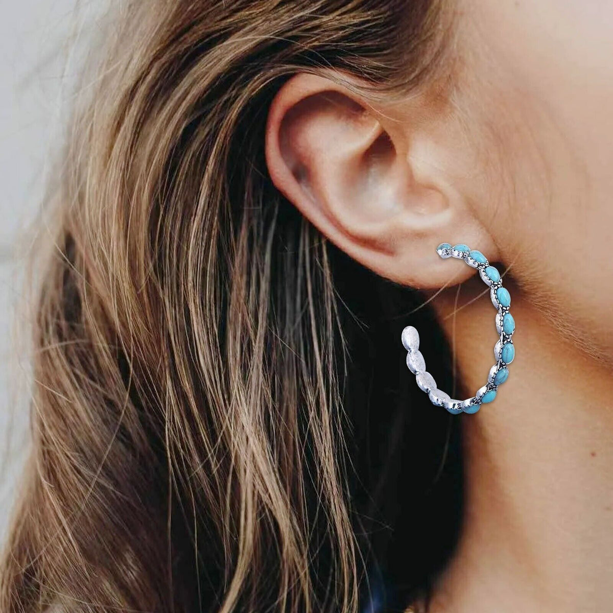Ladies Large Big Sterling Silver Turquoise Beads Circle Hoop Stud Earring