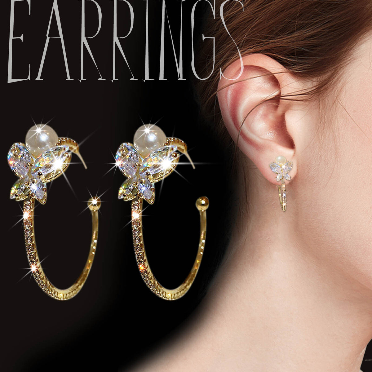 Ladies 18K Gold Plated C Shape Star Crystal Faux Pearl Hoop Stud Earring