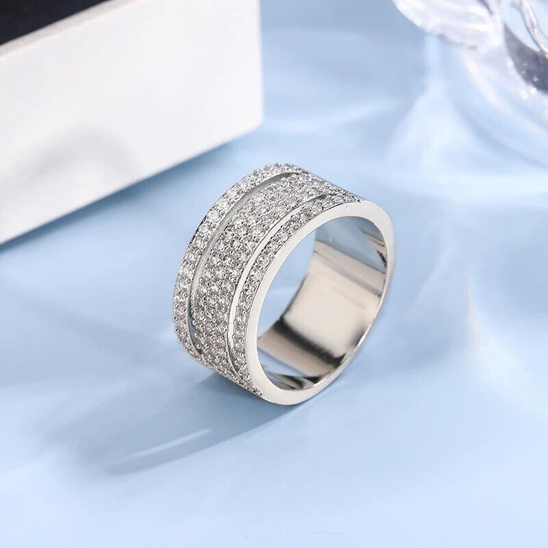 Ladies Silver Micro Pave Wheel Rhinestone Mid Cutout Band Party Ring