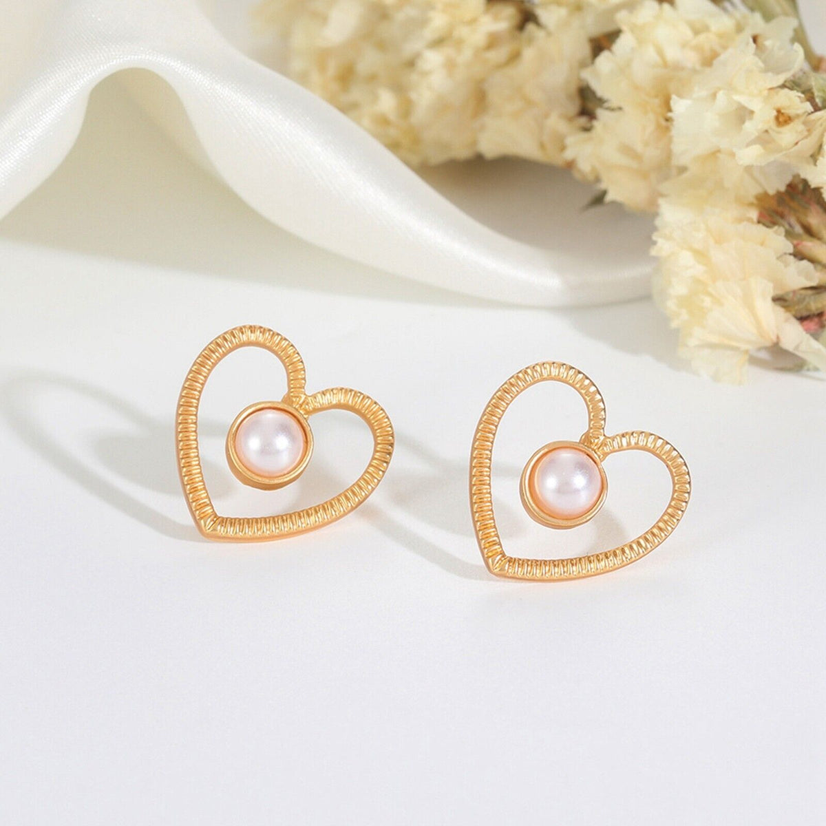 Ladies Gold Plated Heart Small Centred Pearl Stud Casual Earrings