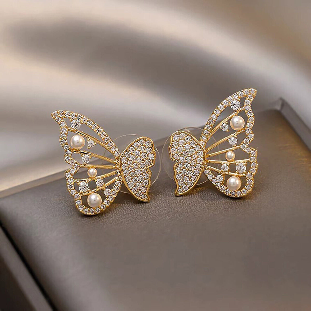 Ladies Gold Plated Butterfly Crystals Beads Inlaid Stud Earrings