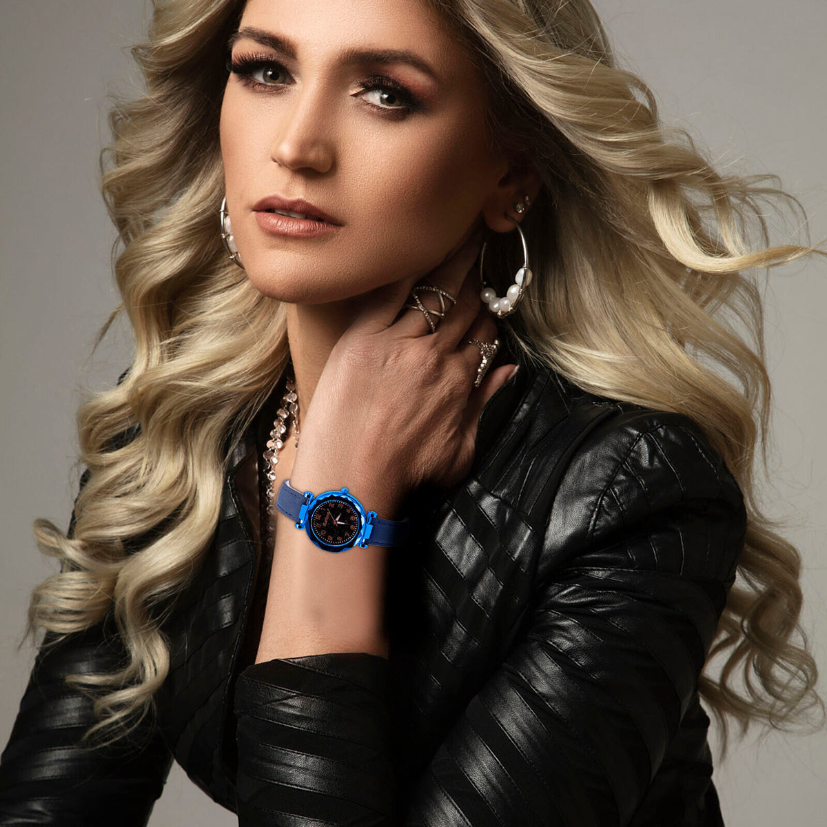 Ladies Blue Quartz Watch Sky Luminous Faux Leather Strap Womens Wrist Watches