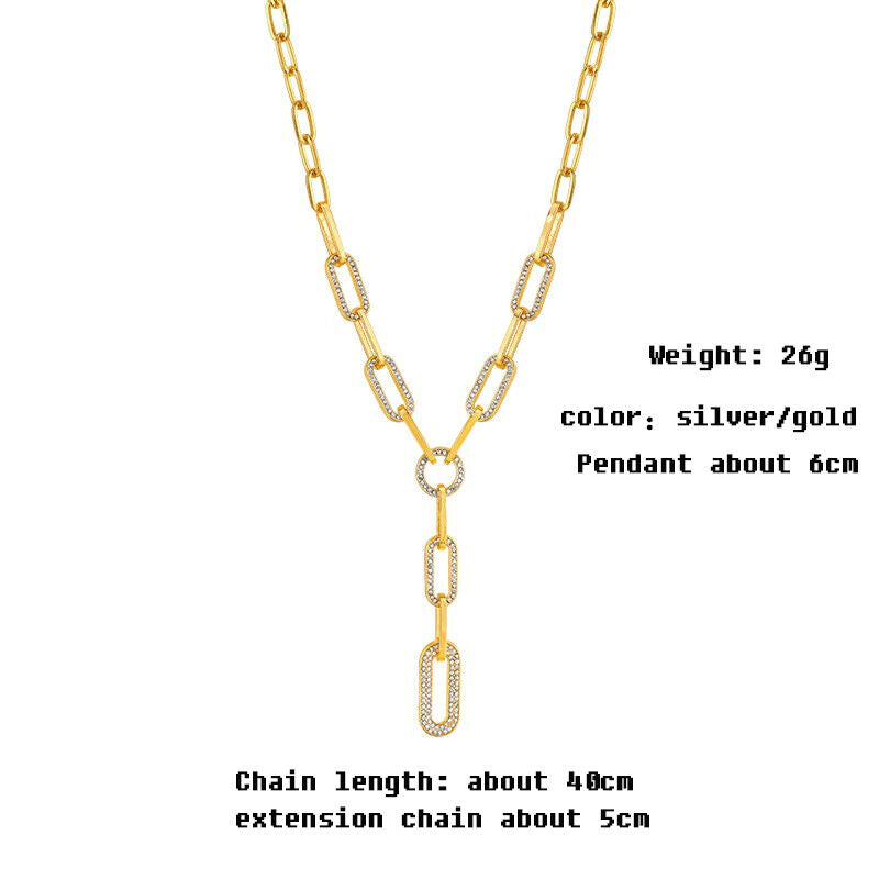 Ladies Gold Silver Long Link Chain Rectangular Crystal Drop Pendant Necklace