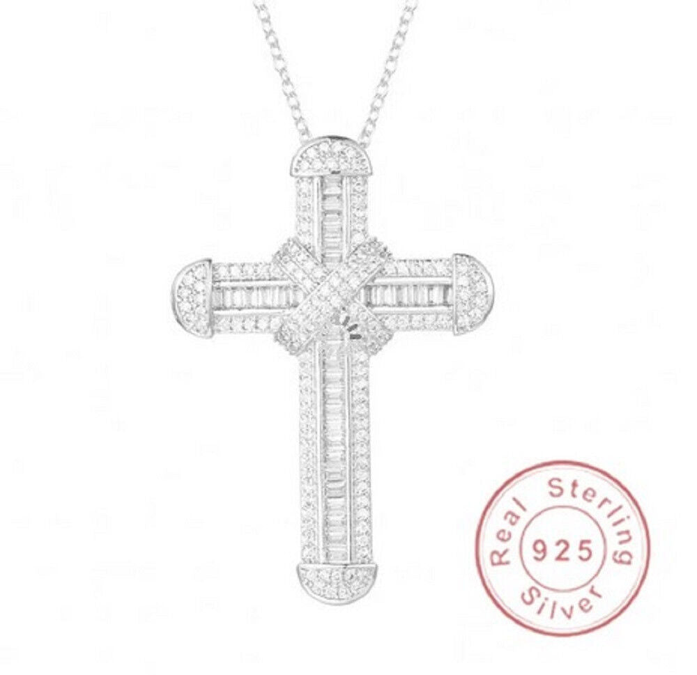 Unisex 925 Sterling Silver Cross Crystal Pendant & Chain