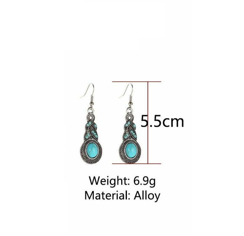 Ladies Ethnic Tibetan Silver Turquoise Crystal Dangling Earrings