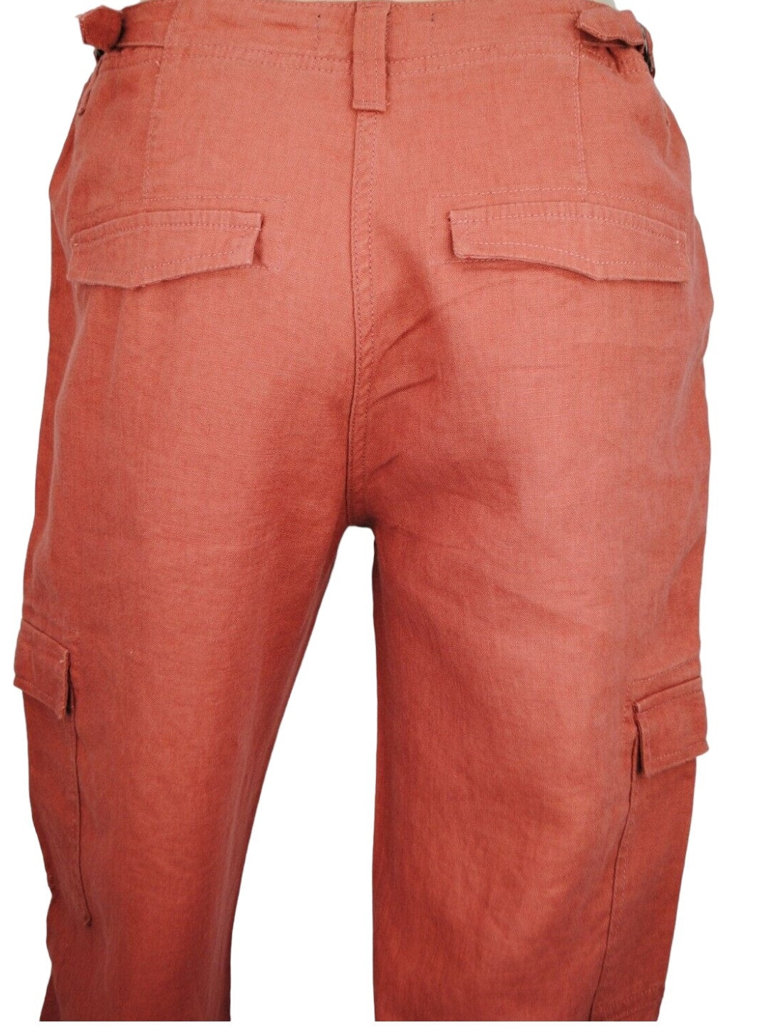 Ladies Terracotta Linen Cargo Carpri Crop Adjustable Waist Trousers