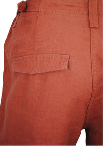 Ladies Terracotta Linen Cargo Carpri Crop Adjustable Waist Trousers