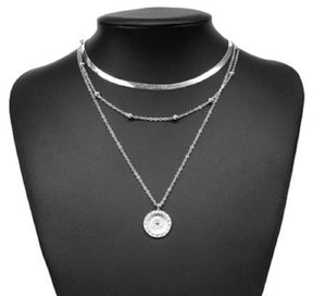 Silver Vintage Bohemia Moon Coin Snake Chain 3Tier Layer Necklace