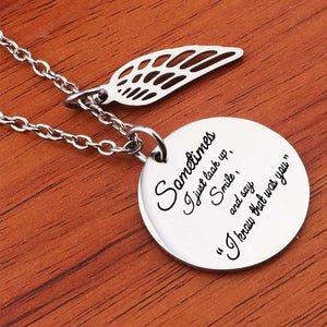 Unisex Silver "Sometimes I Just Look ..." Engraved Pendant Angel wings Necklace