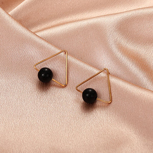 Ladies Gold Plated Mid Black Bead Ball Triangle Stud Earrings