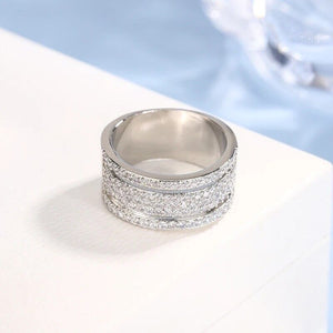 Ladies Silver Micro Pave Wheel Rhinestone Mid Cutout Band Party Ring