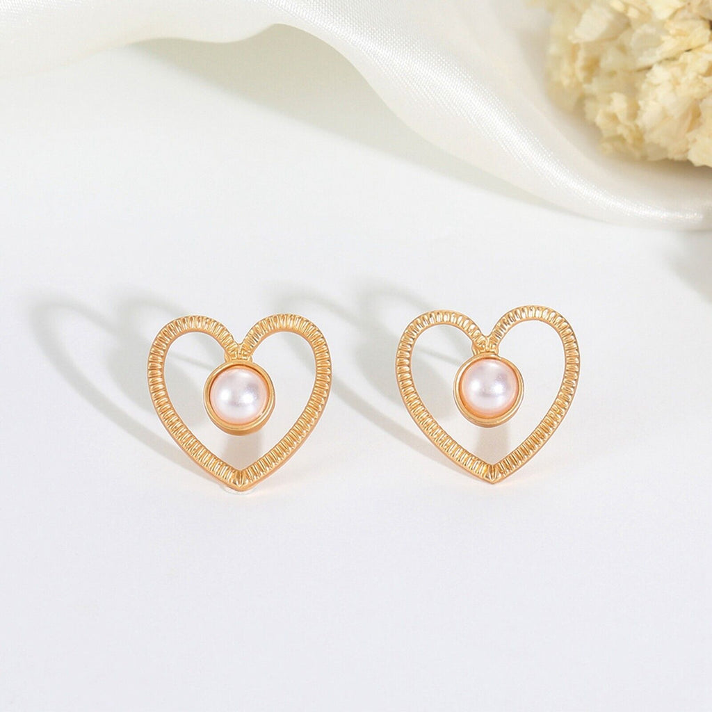 Ladies Gold Plated Heart Small Centred Pearl Stud Casual Earrings
