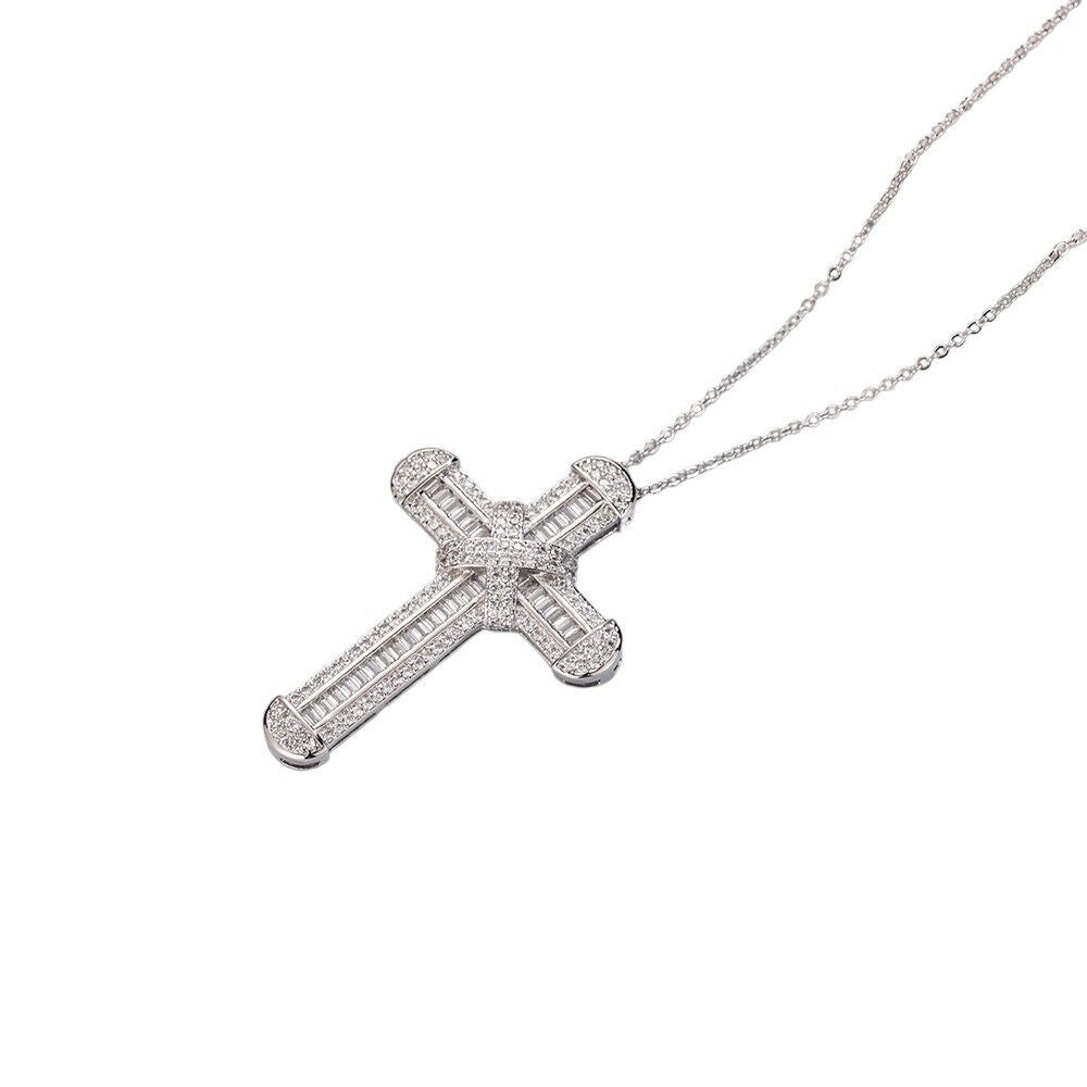 Unisex 925 Sterling Silver Cross Crystal Pendant & Chain