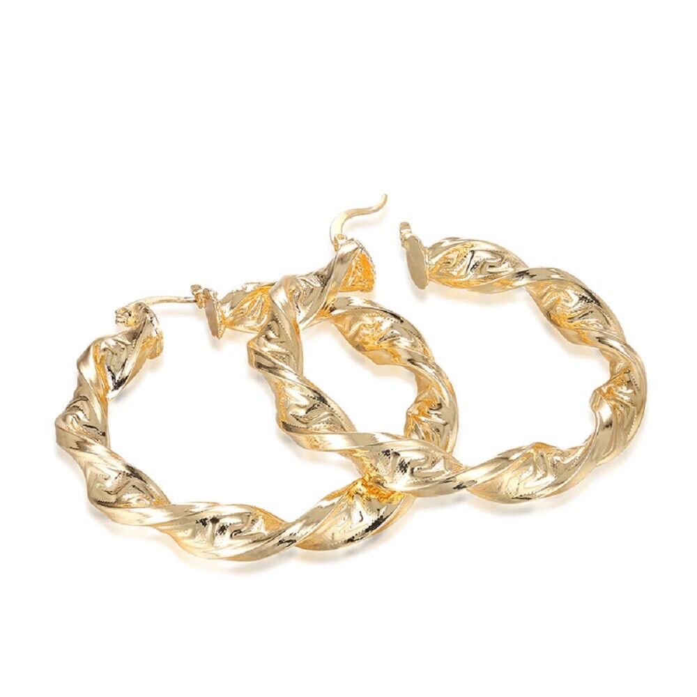 Ladies 18K Gold Plated Chunky Twist Creole Hoop Earrings