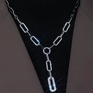 Ladies Gold Silver Long Link Chain Rectangular Crystal Drop Pendant Necklace