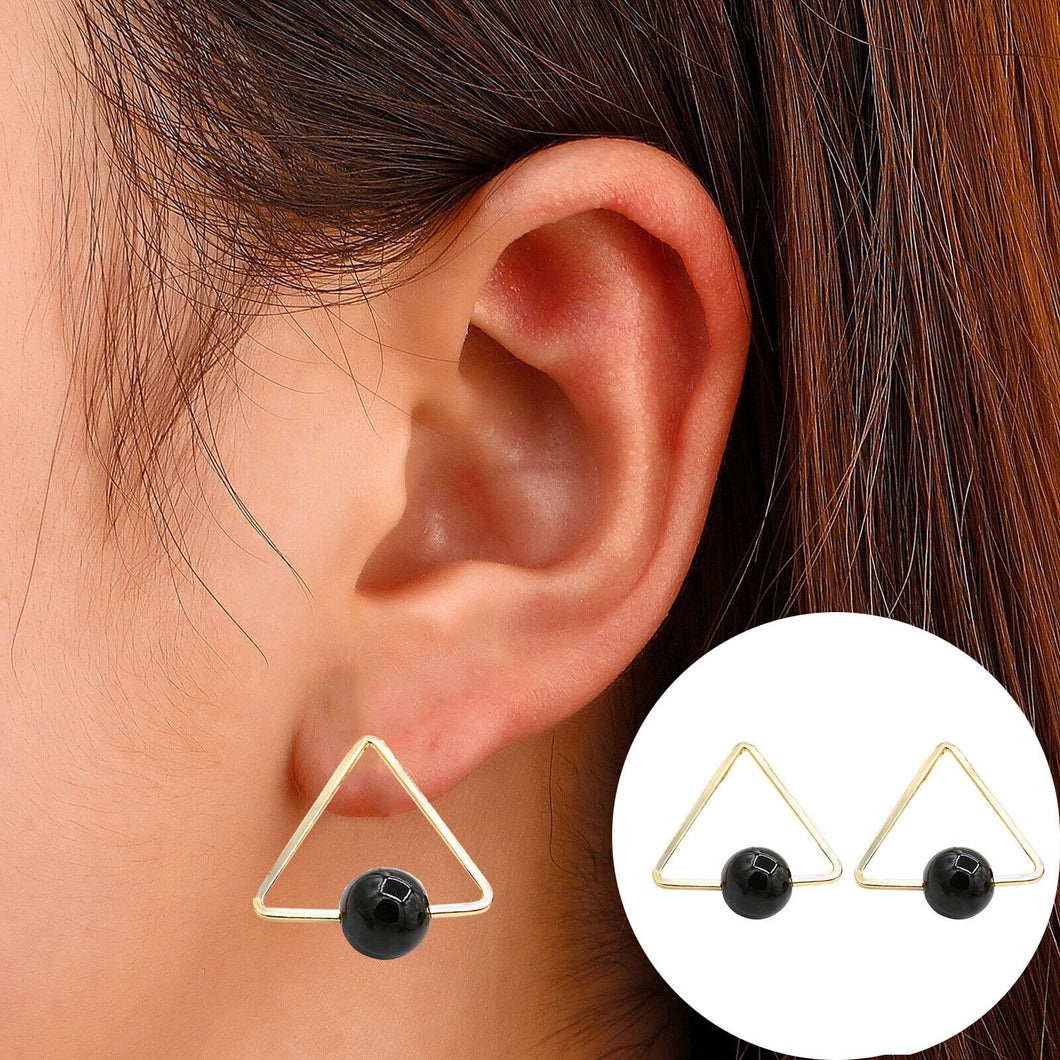 Ladies Gold Plated Mid Black Bead Ball Triangle Stud Earrings