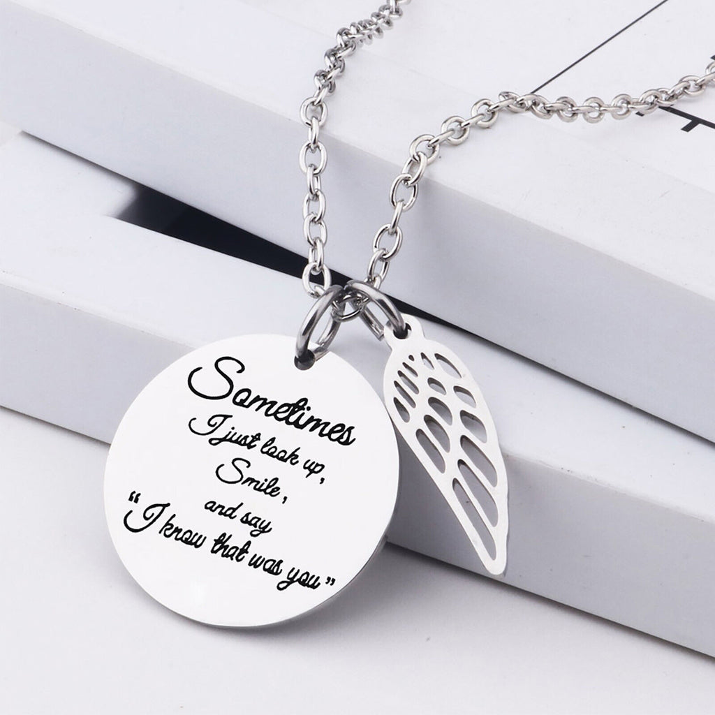Unisex Silver "Sometimes I Just Look ..." Engraved Pendant Angel wings Necklace