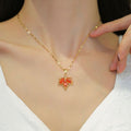 Ladies Gold Plated Orange Crystal Leaf Pendant Collarbone Link Chain Necklace