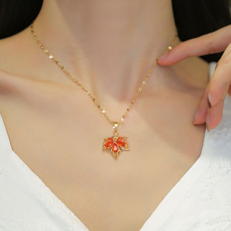 Ladies Gold Plated Orange Crystal Leaf Pendant Collarbone Link Chain Necklace
